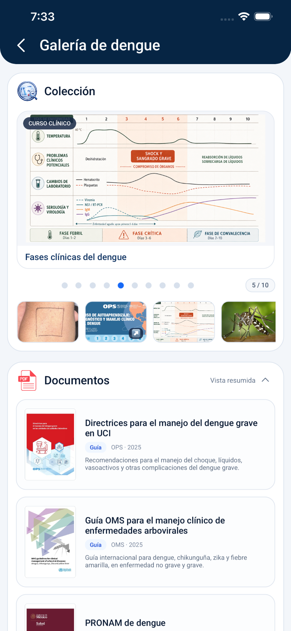 Galería clínica y documentos de referencia de DengueApp