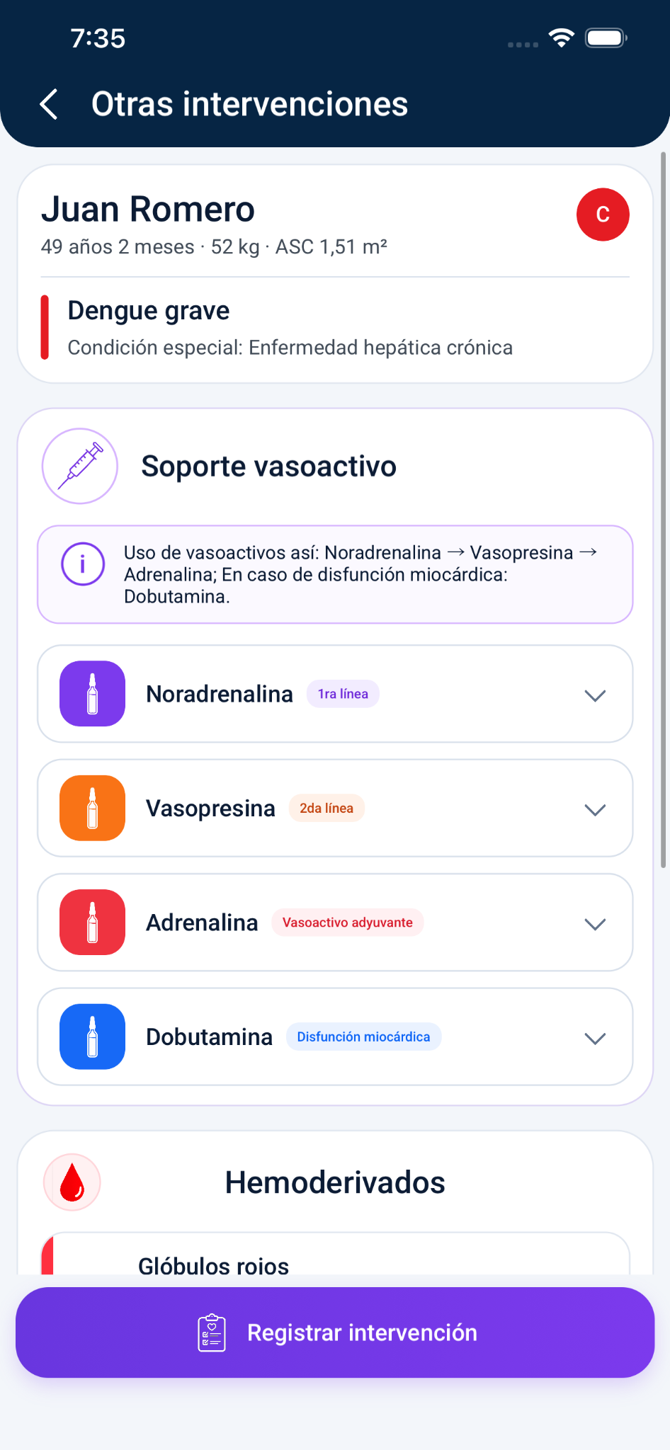 Pantalla de soporte vasoactivo y otras intervenciones